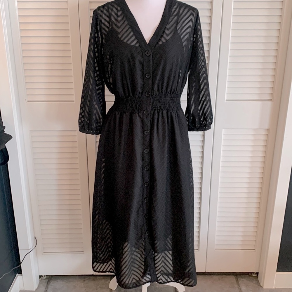 Dex Anita Midi Dress Women’s Black Button Up Overlay w/ Satin Slip Size Large